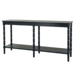 Black CONTOUR collection large console table with wood grain finish and lower display shelf.