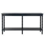 Black CONTOUR collection large console table with wood grain finish and lower display shelf.