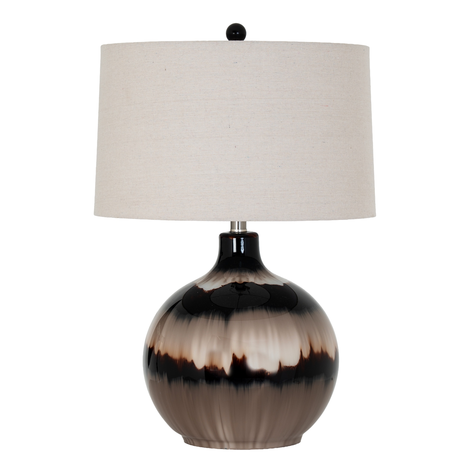 SEPIA table lamp with brown sepia-toned glass base and natural linen shade, providing warm ambient lighting for modern interiors.