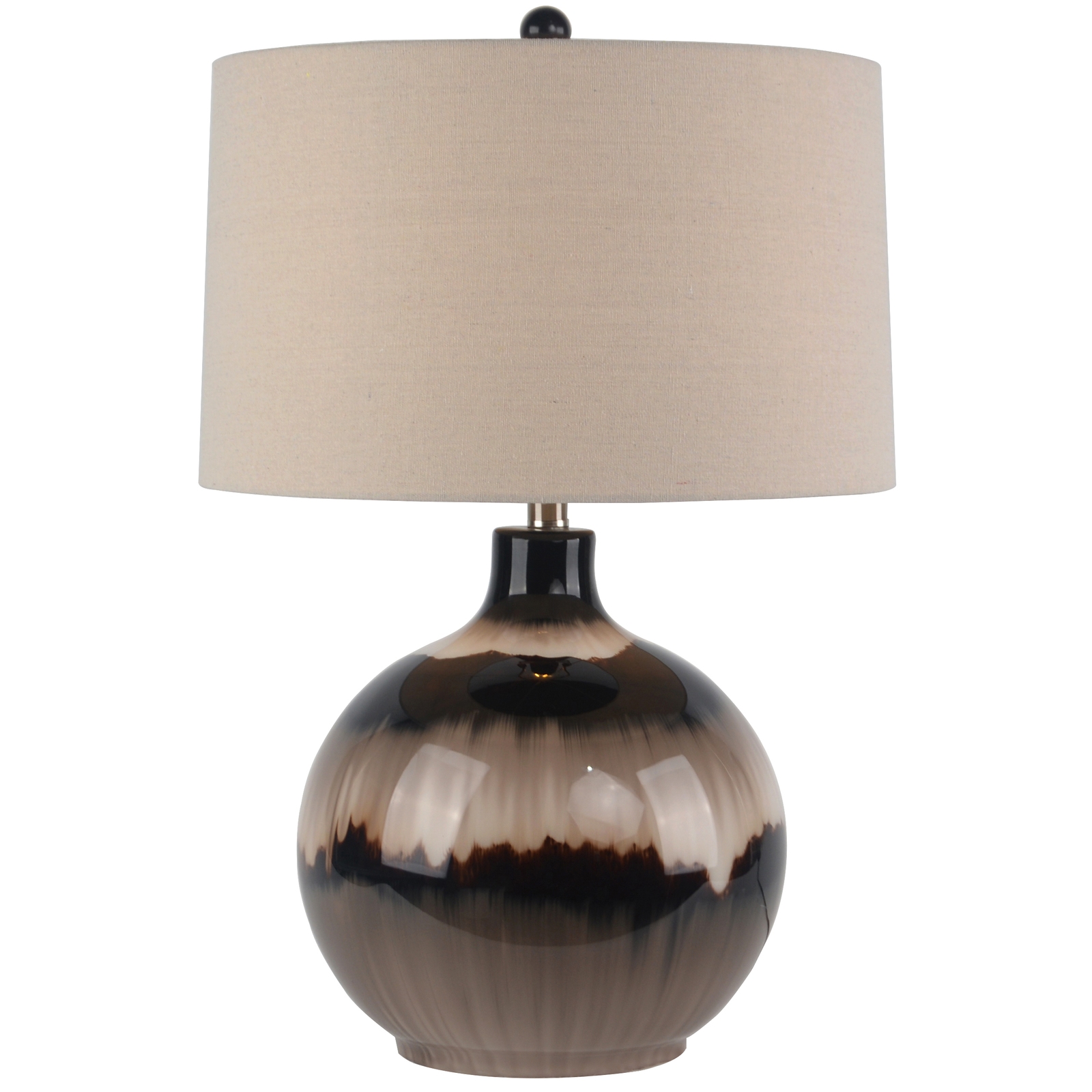 SEPIA table lamp with brown sepia-toned glass base and natural linen shade, providing warm ambient lighting for modern interiors.