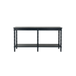 Black CONTOUR collection large console table with wood grain finish and lower display shelf.