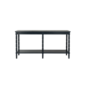 Black CONTOUR collection large console table with wood grain finish and lower display shelf.