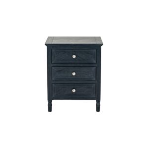 Black CONTOUR 3 drawer bedside table with brass handles and textured wood grain finish.