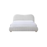 WAVE bed in natural weave fabric with curved upholstered headboard and round wooden legs in neutral modern bedroom.