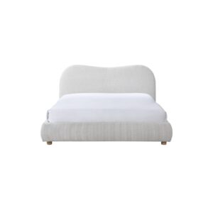 WAVE bed in natural weave fabric with curved upholstered headboard and round wooden legs in neutral modern bedroom.