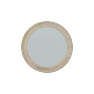 Round washed wood framed mirror with soft weathered texture in antique white, rustic decorative mirror for modern and classic interiors. main
