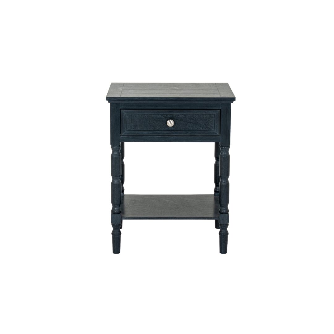 Black CONTOUR collection 1 drawer side table with wood grain finish and compact drawer storage.