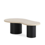 Harvey coffee table with cream travertine top and black cylindrical ash veneer legs in modern living room setting.