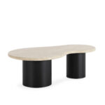 Harvey coffee table with cream travertine top and black cylindrical ash veneer legs in modern living room setting.