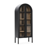 James ashwood display cabinet with black frame, walnut interior and glass doors in tall arched design.