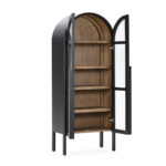 James ashwood display cabinet with black frame, walnut interior and glass doors in tall arched design.