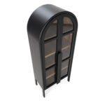 James ashwood display cabinet with black frame, walnut interior and glass doors in tall arched design.