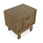 Contour wood nightstand with two drawers, curved cut-out handles and natural light brown finish.