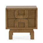 Contour wood nightstand with two drawers, curved cut-out handles and natural light brown finish.