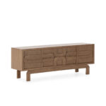 Contour wooden TV stand with sculptural drawer fronts in sand-toned cedar wood finish.