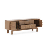 Contour wooden TV stand with sculptural drawer fronts in sand-toned cedar wood finish.