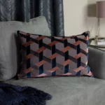 Delano velvet geometric cushion 40x60cm in blush and navy with lattice pattern and soft velvet finish.