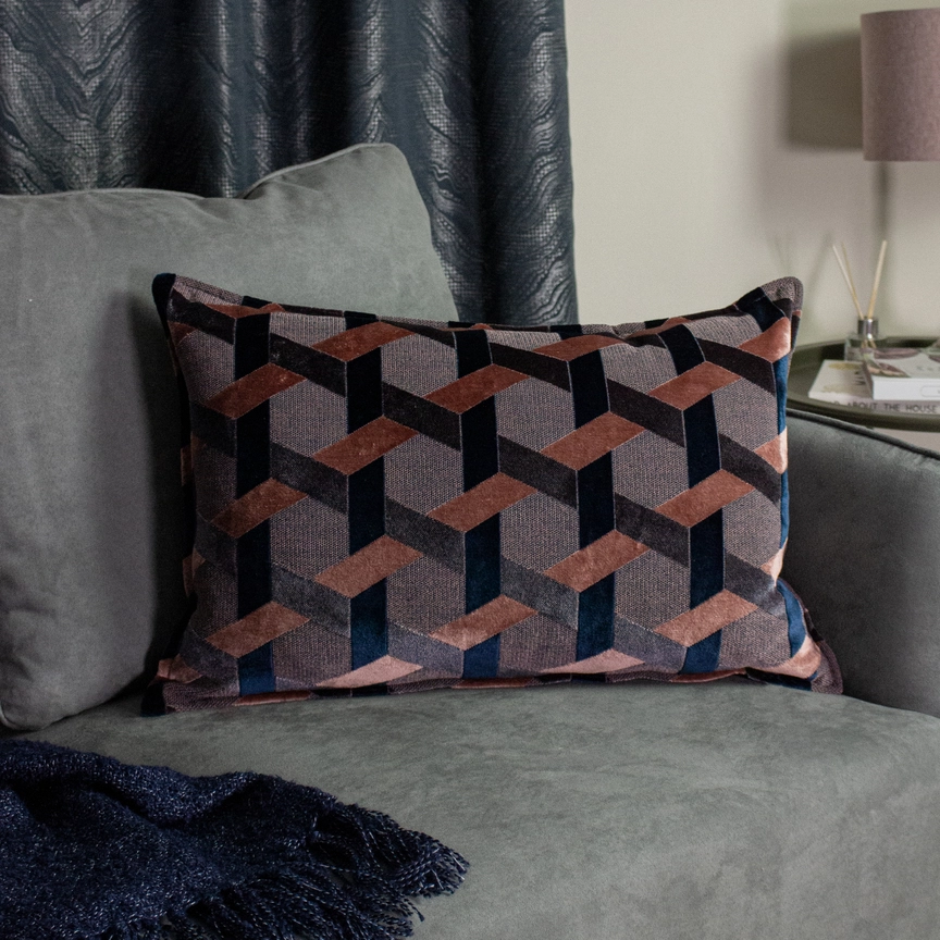 Delano velvet geometric cushion 40x60cm in blush and navy with lattice pattern and soft velvet finish.
