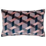 Delano velvet geometric cushion 40x60cm in blush and navy with lattice pattern and soft velvet finish.