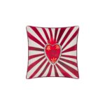 Amor velvet piped cushion in red with bold Mexican inspired pattern and feather filling.