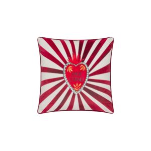 Amor velvet piped cushion in red with bold Mexican inspired pattern and feather filling.