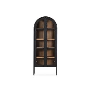 James ashwood display cabinet with black frame, walnut interior and glass doors in tall arched design.