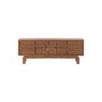 Contour wooden TV stand with sculptural drawer fronts in sand-toned cedar wood finish.
