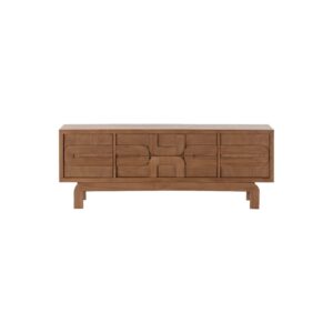 Contour wooden TV stand with sculptural drawer fronts in sand-toned cedar wood finish.
