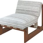 Moyo striped lounge chair with upholstered seat and wooden frame in light roasted coffee finish.
