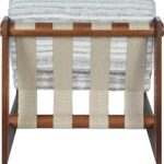 Moyo striped lounge chair with upholstered seat and wooden frame in light roasted coffee finish.