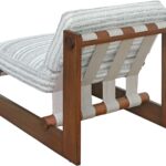 Moyo striped lounge chair with upholstered seat and wooden frame in light roasted coffee finish.