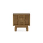 Contour wood nightstand with two drawers, curved cut-out handles and natural light brown finish.