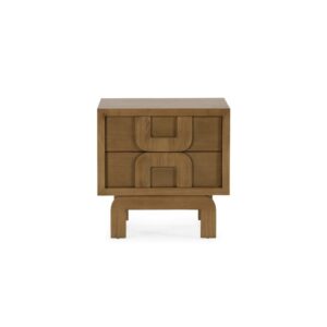Contour wood nightstand with two drawers, curved cut-out handles and natural light brown finish.