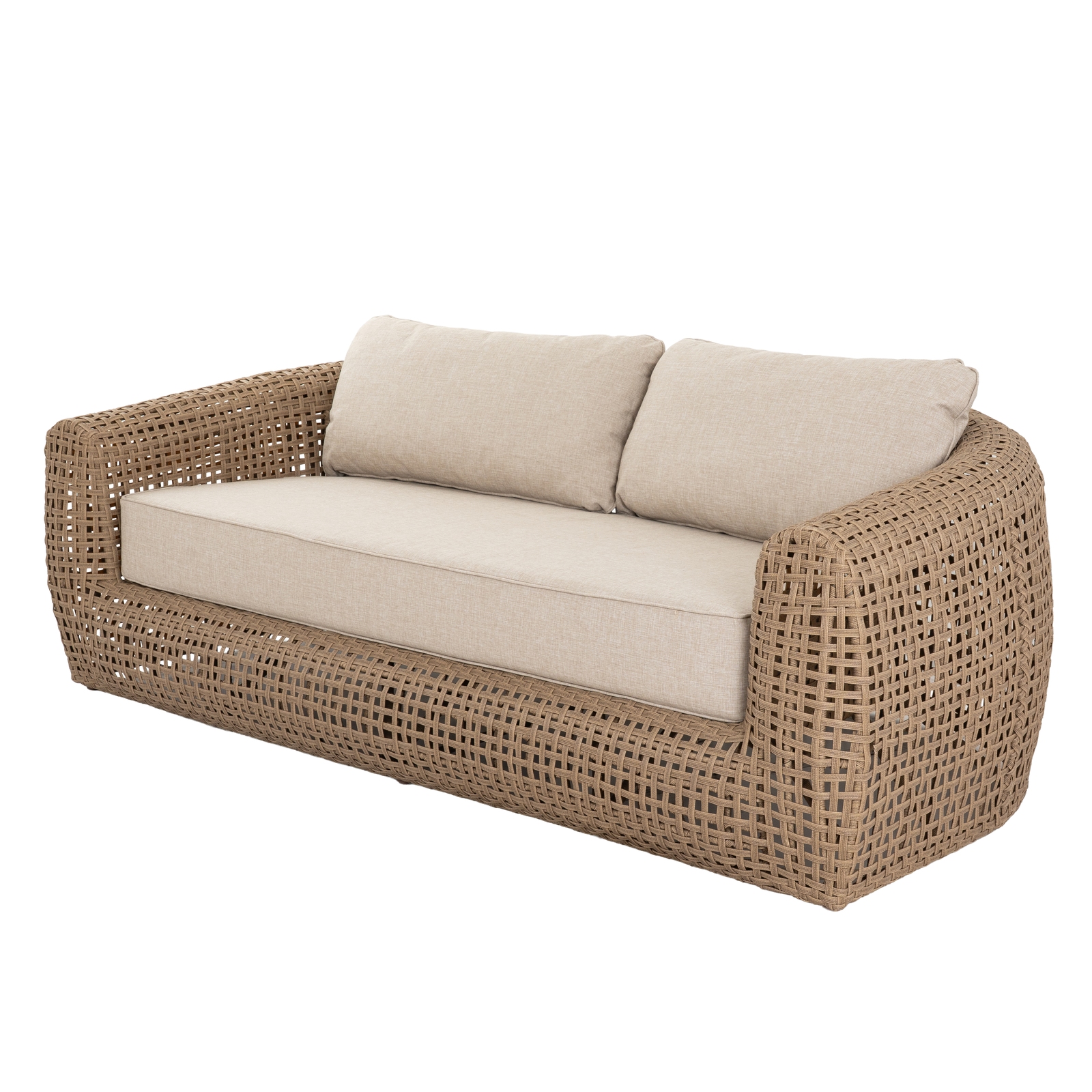 BLOOM Outdoor Sofa in neutral tones, modern design, spacious and suitable for garden or patio entertaining.