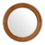 Round wall mirror with tan genuine leather frame, dual nickel steel rims, and reflective centre glass for stylish modern interior décor.