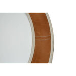 Round wall mirror with tan genuine leather frame, dual nickel steel rims, and reflective centre glass for stylish modern interior décor.