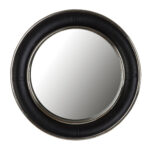 Round wall mirror with black genuine leather wide rim frame, polished nickel steel rims, and reflective centre glass for modern luxury interior décor.