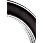 Round wall mirror with black genuine leather wide rim frame, polished nickel steel rims, and reflective centre glass for modern luxury interior décor.