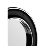 Round wall mirror with black genuine leather wide rim frame, polished nickel steel rims, and reflective centre glass for modern luxury interior décor.