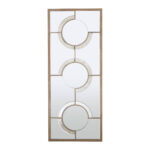 Tall rectangular wall mirror with antique silver circular accents, intersecting light wood frame, and geometric mid-century modern design for elegant interiors.