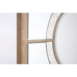 Tall rectangular wall mirror with antique silver circular accents, intersecting light wood frame, and geometric mid-century modern design for elegant interiors.