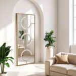 Tall rectangular wall mirror with antique silver circular accents, intersecting light wood frame, and geometric mid-century modern design for elegant interiors.
