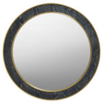 Round decorative wall mirror with oak veneer frame in black and grey finish, featuring gold stainless steel trim and large reflective glass surface for interior wall styling.