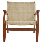 Natural rattan woven accent chair with solid mahogany wood frame, armrests, and mid-century boho styling for modern interior seating.