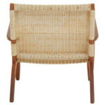 Natural rattan woven accent chair with solid mahogany wood frame, armrests, and mid-century boho styling for modern interior seating.