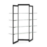 ARMIN Black Shelving Unit with black metal frame and tempered glass shelves used as a modern room divider in a contemporary interior.