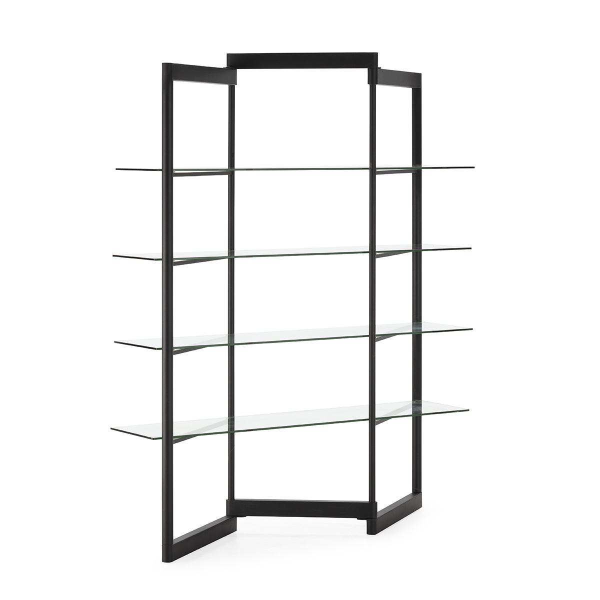 ARMIN Black Shelving Unit with black metal frame and tempered glass shelves used as a modern room divider in a contemporary interior.