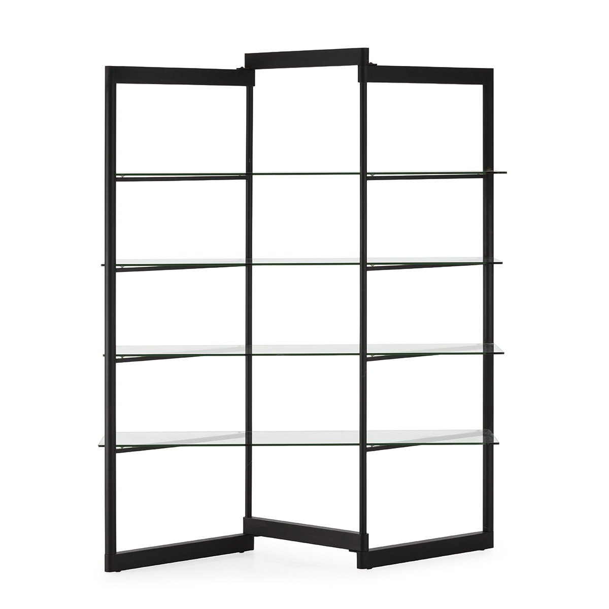 ARMIN Black Shelving Unit with black metal frame and tempered glass shelves used as a modern room divider in a contemporary interior.
