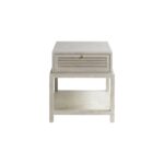 White and greyish oak finish bedside table with slatted drawer front and open lower shelf, designed for elegant modern bedroom storage.