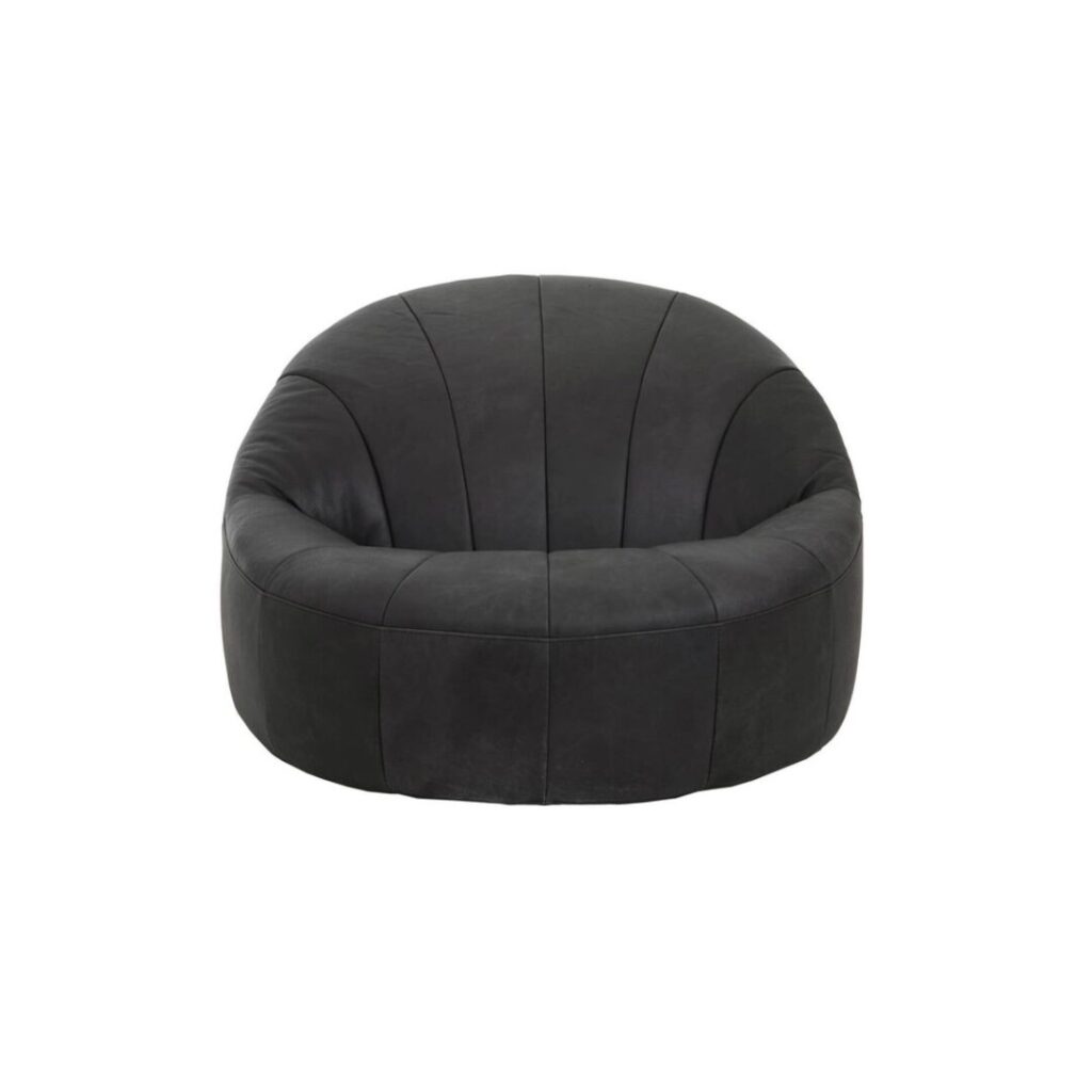 ntique black leather cocoon lounge chair with pleated upholstery and curved high-back design for modern luxury interior seating.
